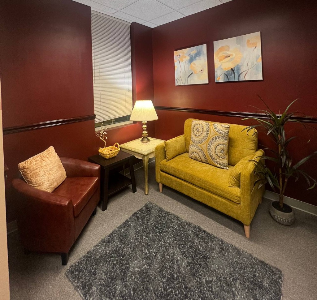 Comfortable therapy room with seating
